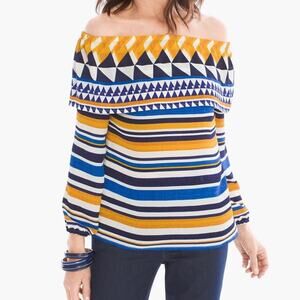 Chico’s Graphic Off-The-Shoulder Top Boho Triable Shirt STYLE: 570194876 medium